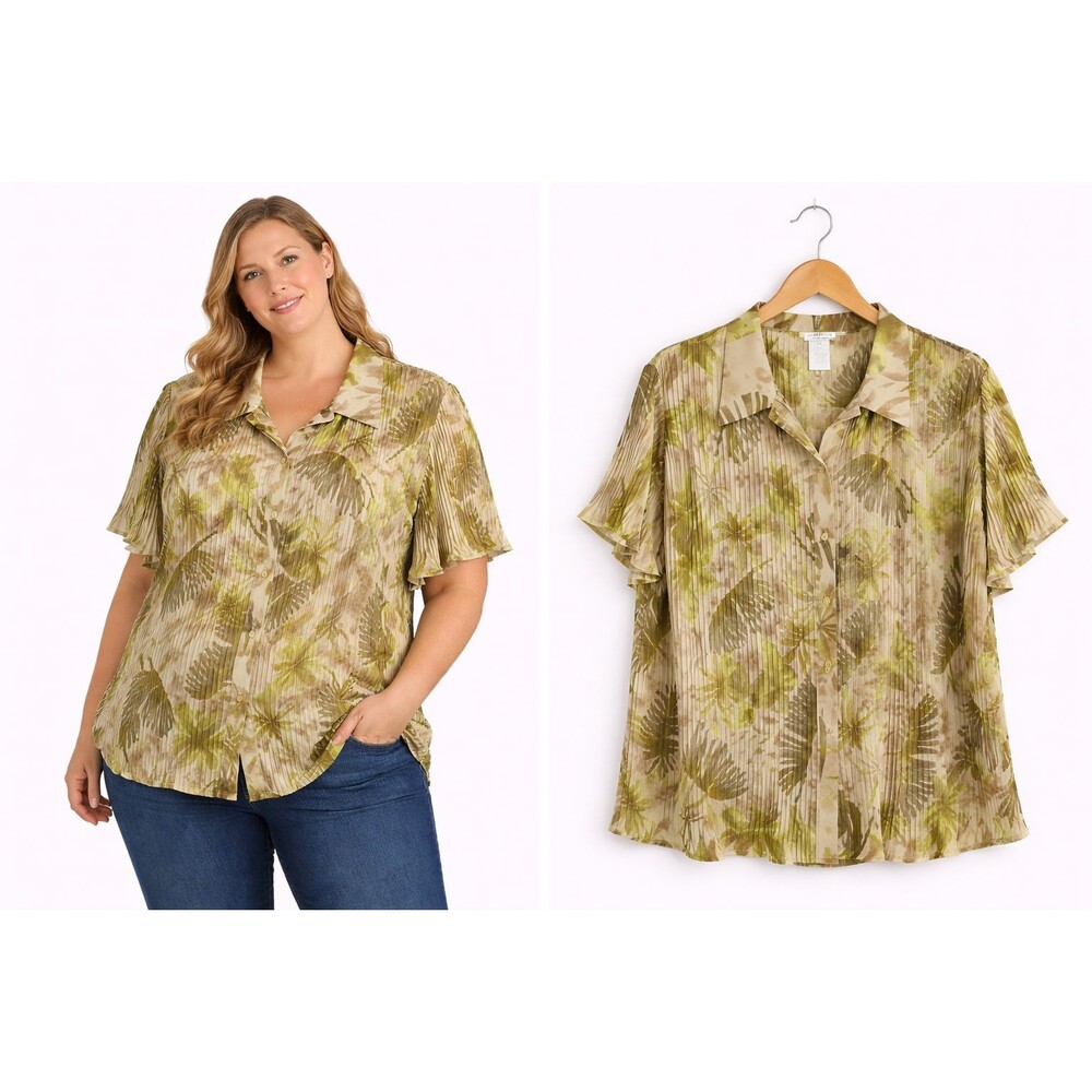 New Dress U by Sharon Blouse Top Size 2X Green Taupe Print Short Sleeve